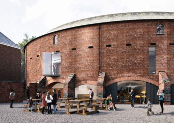 view of the redeveloped roundhouse showing cafe and seating outside